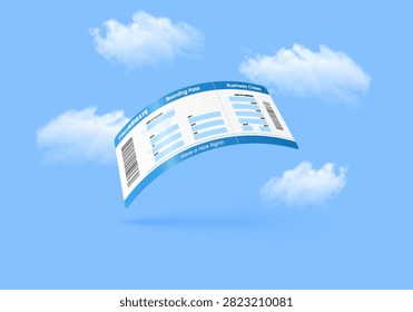 Curved airplane ticket template with empty text fields, barcode, hovering in the sky, with clouds. The theme is tourism, vacation planning, and the freedom of travel. Vector. Realistic. Icon.