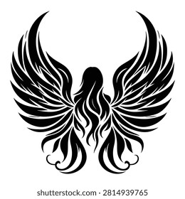 Curved Angel Wings Vector, Long Hair Female Angel Silhouette, Ornamental Tattoo and Vintage Apparel Graphic Element