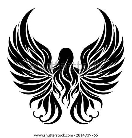 Curved Angel Wings Vector, Long Hair Female Angel Silhouette, Ornamental Tattoo and Vintage Apparel Graphic Element