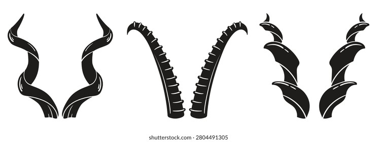 Curved animal horns collection. Different ram, goat and antelope horn silhouette flat vector illustration set. Decorative horn design elements isolated on white background
