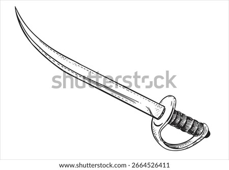 Curved Arabic sword. Cold weapon. Pirate saber vector sketch in engraving technique. Corsair's broadsword with a narrow blade. Linear drawing on a white background. Imitation of engraving.