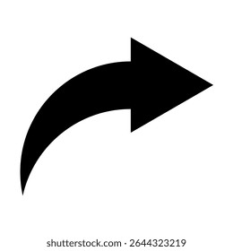 Curved Arrow in Black fill color pointing Right Or Forward, Arrow Icon in Line, Curved arrow Pointer, EPS-10, Vector Illustration of Curved arrow Pointer