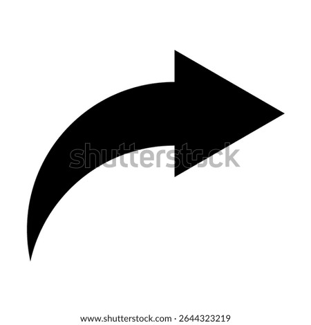 Curved Arrow in Black fill color pointing Right Or Forward, Arrow Icon in Line, Curved arrow Pointer, EPS-10, Vector Illustration of Curved arrow Pointer