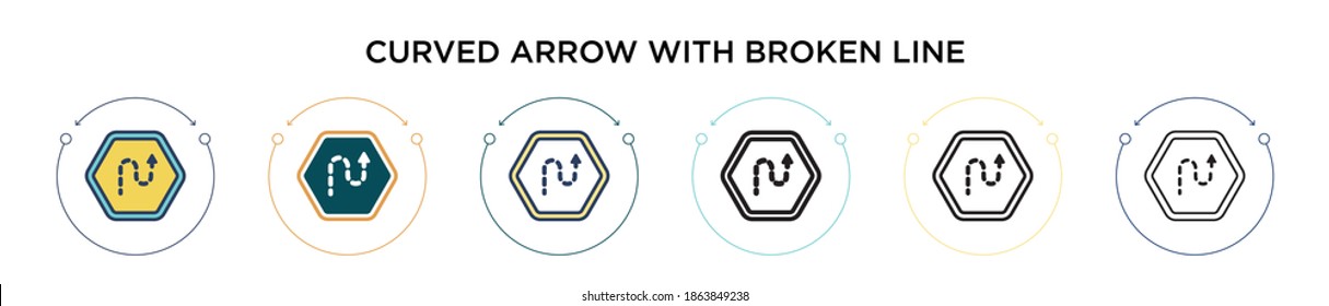 Curved arrow with broken line icon in filled, thin line, outline and stroke style. Vector illustration of two colored and black curved arrow with broken line vector icons designs can be used for 