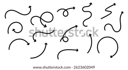 Curved arrow. Collection of hand drawn vector arrows. Bookmark collection. pointing arrow line.