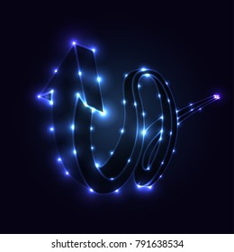 Curved arrow created of lines dots and lights on a dark background. Futuristic polygonal wierframe design. Modern background with space and stars. Vector Eps 10.