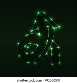 Curved arrow created of lines dots and lights on a dark background. Futuristic polygonal wierframe design. Modern background with space and stars. Vector Eps 10.