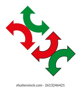 Curved arrow design. Directional motion graphic. Green red rotation. Vector arrow icon.