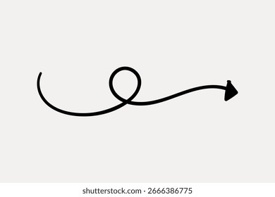 Curved arrow design with a loop. Black arrow on white background. Simple, elegant arrow illustration. Perfect for direction, navigation, or design elements. Design element vector.
