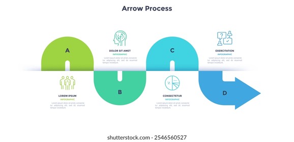 Seta curva dividida em quatro elementos e colocada em linha horizontal e conectada por setas. Conceito de 4 fases sucessivas do processo de negócios. Ilustração vetorial plana moderna para análise de dados