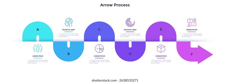 Curved arrow divided into six elements and placed in horizontal row and connected by arrows. Concept of 6 successive stages of business career development. Modern flat vector illustration