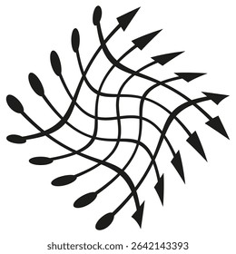 Curved arrow figure. Vector flow shape. Black direction icon. Dynamic path form.