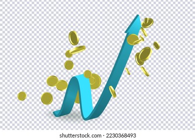 Curved arrow and flying coins on transparent. Blue flexible stock arrow up growth icon. Investment and financial growth concept. Trading stock news impulses. Trade infographic. Realistic 3d vector