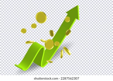 Curved arrow and flying coins on transparent. Green flexible stock arrow up growth icon. Investment and financial growth concept. Trading stock news impulses. Trade infographic. Realistic 3d vector