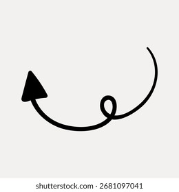 Curved arrow icon with a playful loop. Black arrow on a white background. Simple arrow design, perfect for guides or presentations. Minimalist arrow style. Design element vector.