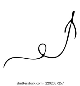 Curved up arrow. The icon is set by a drawn black arrow. Swirls of abstract doodles with a hand-drawn line. Simple doodle elements for decoration in the design. Isolated sketch on a white background.