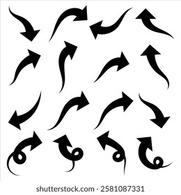 Curved arrow icon set with different directions isolated on white. Black curved arrow icon collection. Curved arrow symbol pack for business, marketing, and infographics.