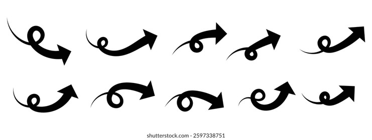 Curved arrow icon set isolated on white background. Curved arrows, hand drawn curved arrows. Collection of pointers. Curve arrow pointing. Vector illustration