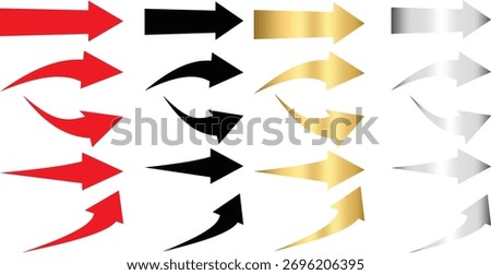 Curved Arrow Icon Set – Red, Black, Gold, and Silver Directional Arrows Collection