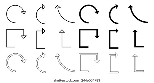 Curved Arrow Icon Set. Simple Black Arrow Vector Isolated on White Background. Design For Websites, Logos, Applications and UI.