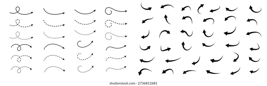 Curved Arrow Icon Set, Smooth, Dashed and Dotted Arrows for Direction, Navigation and UI Design