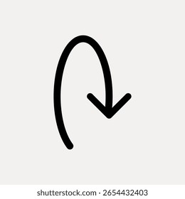 Curved arrow icon, simple design. Black arrow on white background. Minimalist arrow, curved and sleek. Ideal for navigation, direction, or pointing purposes. Design element vector.
