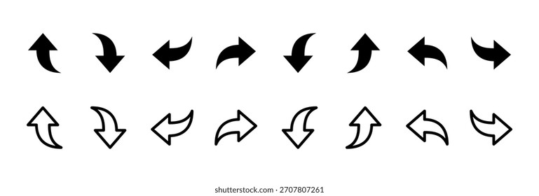 Curved arrow icon. Smooth directional vector showing turn and movement sign. Useful pointer symbol for navigation, interface actions, route guidance and design concept pictogram.