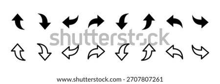 Curved arrow icon. Smooth directional vector showing turn and movement sign. Useful pointer symbol for navigation, interface actions, route guidance and design concept pictogram.