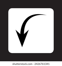 Curved arrow icon vector. Arrow pointer logo design. Arrow down vector icon illustration in square isolated on black background