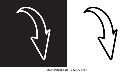 Curved arrow icon vector. Arrow pointer icon sign symbol in trendy flat style. Arrow down vector icon illustration isolated on black and white background