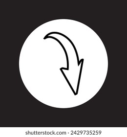Curved arrow icon vector. Arrow pointer logo design. Arrow down vector icon illustration in circle isolated on black background