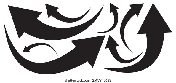 Curved arrow icon vector set. Black arrows set. Curved arrows. Arrow sign. Flat style icons.  Bold arrow symbol curved flat design isolated. Long arrows icon. Long curved hand drawn arrow isolated.