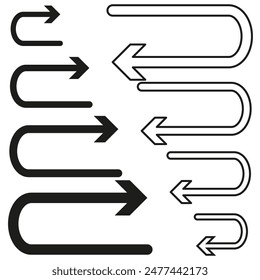 Curved arrow icons. Direction symbols set. Black and white. Vector graphic.