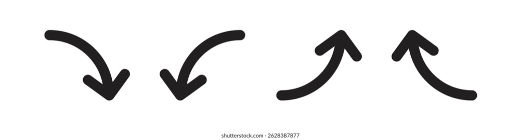 Gekrümmte Pfeilsymbole, die nach unten und oben zeigen und Richtung, Navigation oder Bewegung in minimalistischem Schwarz darstellen
