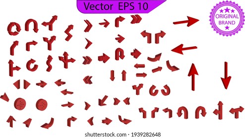 Curved arrow icons set. 3D arrows. Down and up 3d arrows. Red signs with reflection. Vector illustration. Transparent background