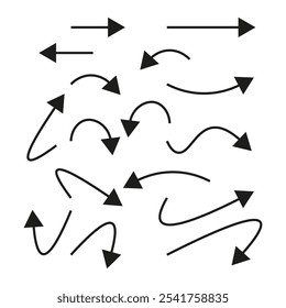 Curved arrow icons. Varied directional arrows. Drawn arrow vectors. Navigation symbol.