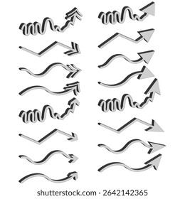 Curved arrow icons. Wavy direction signs. Twisted vector arrows. Flow movement symbol.