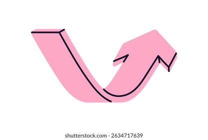 Curved arrow pointing upward. Twisting bent pointer rising up for showing direction, growth trend, improvement concept. Flowing movement. Flat vector illustration isolated on white background.