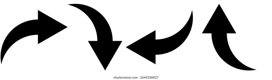 Curved Arrow Set in Black fill color, Arrow Icon in Line, Curved arrow Pointer, EPS-10, Vector Illustration of Curved arrow Pointer
