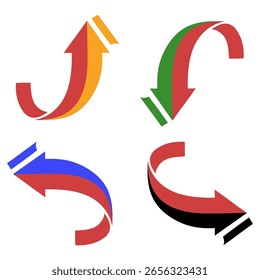 Curved arrow set. Direction indicator Vector. Modern path symbol. Graphic movement element.
