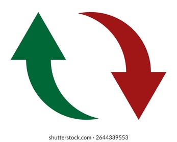 Seta curva definida em vermelho e verde, Ícone de seta em linha, Ponteiro de seta curva, EPS-10, Ilustração vetorial de ponteiro de seta curva, Seta para cima e Seta para baixo