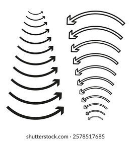 Curved arrow set. Vector direction shape. Simple black outline. Rotational guide icons.