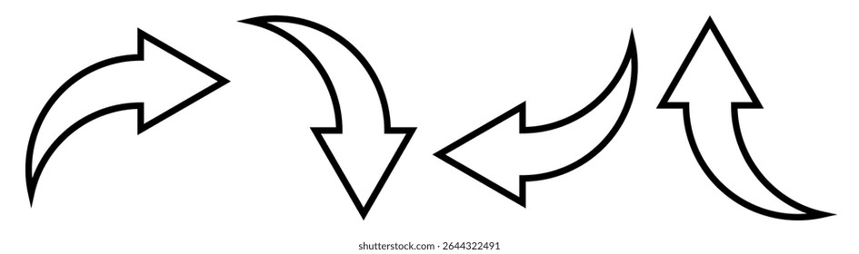 Curved Arrow Set without fill color, Arrow Icon in Line, Curved arrow Pointer, EPS-10, Vector Illustration of Curved arrow Pointer