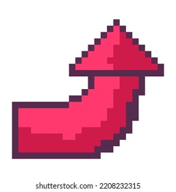 Curved arrow showing direction, navigation point in play interface. Pixelated sign, red blurry pointer. Pixel art, 8 bit retro graphics, old school game design. Vector in flat style illustration