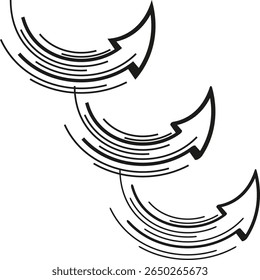 Trío de flecha curva. Símbolo de movimiento circular. Vector de velocidad radical. Gráfico de flujo suave.