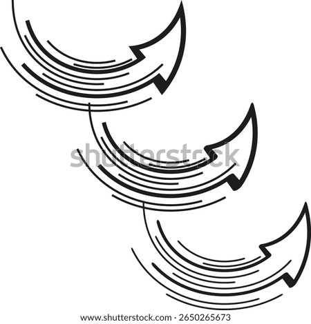 Curved arrow trio. Circular motion symbol. Sweeping speed Vector. Smooth flow graphic.