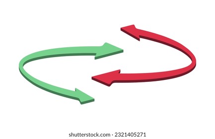 Curved arrow in two directions. Red and green arrows isolated on white. Flat design.