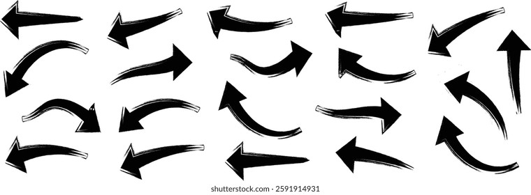 Curved Arrow vector collection. Arrow. Collection different wavy arrow signs. Different cursor arrow direction symbols in flat style. Cursor. Curvy Black arrows icons.