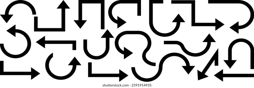 Curved Arrow vector collection. Arrow. Collection different wavy arrow signs. Different cursor arrow direction symbols in flat style. Cursor. Curvy Black arrows icons.