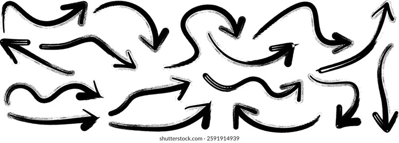 Curved Arrow vector collection. Arrow. Collection different wavy arrow signs. Different cursor arrow direction symbols in flat style. Cursor. Curvy Black arrows icons.